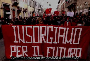 Demo mit Fronttransparent "Stehe wir auf für die Zukunft" Mailand 2021